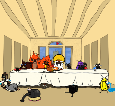 The scene of the last supper but with all of the beetles instead of people