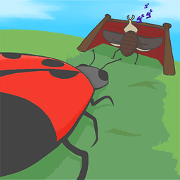 A ladybug in the bottom left and a goliath in net in the top right