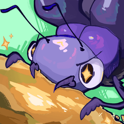 A dung beetle with a head in the center of the icon and body in top right holding a golden ball in the bottom left